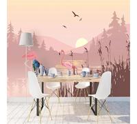 XLMING Simplicité Chaleur Beauté Flamants Roses Montagnes Rivières Lever De Soleil 3D Papier Peint Texture Soyeuse Intissé Salle à Manger Bureau D'étude Canapé Chambre Salon TV Mur-300cm×210cm