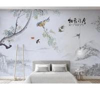 XLMING Sommets Montagneux Branches Hirondelles Art Peints À La Main Papier Peint 3D Soie De Luxe Intissé Bureau Salle à Manger Canapé Chambre Salon TV Mural Décoratif-300cm×210cm