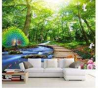XLMING Tridimensionnel Vert Forêt Paon Pont En Bois 3D Papier Peint Premium Texturé Soie Bureau Salle à Manger Salon Chambre Coucher Canapé TV Mur-200cm×140cm