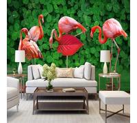 XLMING Tropical Plantes Trèfle Feuilles Vertes Petite Rivière Flamant Rose 3D Papier Peint Premium Texturé Soie Bureau Salle à Manger Salon Chambre Coucher Canapé TV Mur-350cm×256cm