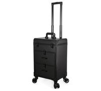 XLWLLNJ Maquilleur Étui Valise Trolley Coffret Mallette en Alliage d'Aluminium et MDF Poignée Télescopique et Roulettes Couvercle à Charnière et Deux Tiroirs, Noir, Noir