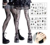 XLZJYIJ Collants Résille Femme Halloween, 2 Paires Collant Squelette & Araignée avec 10 Feuilles Halloween Tatouages Temporaires pour Visage Araignée, Noir Dentelle Collant Halloween
