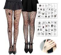 XLZJYIJ Collants Résille Femme Halloween, 2 Paires Collant Squelette & Araignée avec 10 Feuilles Halloween Tatouages Temporaires pour Visage Araignée, Noir Dentelle Collant Halloween