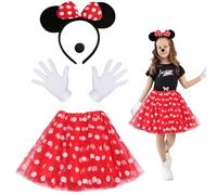 XLZJYIJ Deguisement Minnie Enfant Fille, 4 Pcs Deguisement Mouse Enfant acve Minnie Jupe Rouge, Bandeau Minnie, Gants Blancs, Nez Noir pour Halloween Carnaval Costume Fête Cosplay Noël