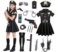 XM-mengpanwei Deguisement Policier Enfant Fille, Costume Policier Enfant avec Robe Noire,Chapeau,Ceinturer,Walkie Talkie,Menotte,Matraque de Police pour Carnaval Halloween Policiere Cosplay
