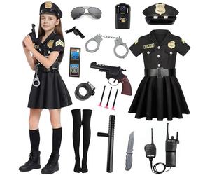 XM-mengpanwei Deguisement Policier Enfant Fille, Costume Policier Enfant avec Robe Noire,Chapeau,Ceinturer,Walkie Talkie,Menotte,Matraque de Police pour Carnaval Halloween Policiere Cosplay