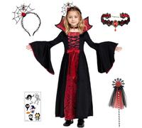 XM-mengpanwei Déguisement Vampire Fille, Costume Vampire Fille Deguisement Halloween Costume,Robe Gothique Filles,Denture,Collier,Bandeau Spider Web pour Enfant Halloween Carnaval Cosplay