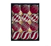 XM0167S Lot de 12 boules de Noël floquées à paillettes - avec cordes de suspension - Sphères incassables pour couronne de fête ou mariage - 8 cm - rouge vin