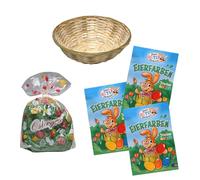 Xmas-and-more Pâques, Lot de 5 pièces, 1 Panier en Bambou, 50 g d'herbe de Pâques, 3 Paquets de 5 Couleurs d'œufs, décoration de Pâques