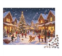 Xmas Village 1000 Piece Jigsaw Puzzle Recyclable Paper Christmas Tree & Snowman Senior Puzzles Party Game Props Excellent Gift Idea pour Women Et Men Both 70x50cm/1000pcs