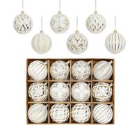 XmasExp Lot de 12 Boules de Noël Vintage rustiques pour Sapin de Noël à Aspect Vieilli, incassables, de Style Traditionnel (Blanc doré, 12 pièces
