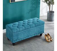 XMDEUR Banc De Rangement Rectangulaire Pouf,Banquette Rembourrée en Lin Banquette Fin du Banc De Lit avec Rangement,Salon Moderne Repose-Pieds Entrée Chaussures Tabouret À Langer-Bleu 80x40x45cm(31