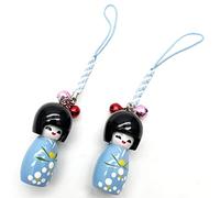 Xmhf fabriqué à la Main en Bois Kimono Japonais Kokeshi Doll Pendentif Strap Hanger pour téléphone Portable 2 pcs