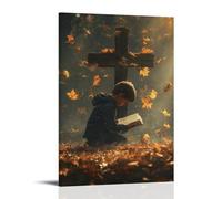 XMHMYHZJ A Child Kneels Before A Wooden Cross, Clutching A Torn Bible As Golden Leaves Swirl Around Him in The Wind. Décoration murale moderne à suspendre, 60 x 90 cm