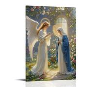 XMHMYHZJ Affiche murale moderne à suspendre avec l'Annonciation, Ange Gabriel apparaissant à Mary, style préraphaélite, jardin luxuriant, lumière éthérée, 60 x 90 cm