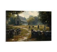 XMHMYHZJ Affiche murale moderne à suspendre avec une église de campagne calme avec des murs en pierre et un cimetière paisible 60 x 90 cm