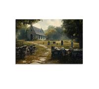 XMHMYHZJ Affiche murale moderne à suspendre avec une église de campagne calme avec des murs en pierre et un cimetière paisible 50 x 75 cm