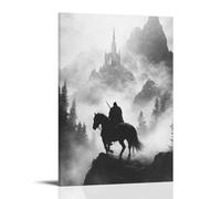 XMHMYHZJ Affiche murale moderne à suspendre représentant un étalon noir portant un chevalier à travers la brume vers une chapelle de montagne 20 x 30 cm