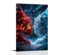 XMHMYHZJ Art moderne Conflit d'animaux Tigres rouges et blancs dans une forêt enneigée, parfait pour décoration d'intérieur, art mural, décoration moderne, affiche d'art à suspendre, 60 x 90 cm