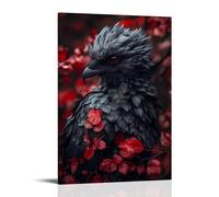 XMHMYHZJ Art moderne Oiseau Décoration murale Fleurs rouges et plumes grises majestueuses Mélange Art mural Décoration moderne à suspendre Poster 40 x 60 cm