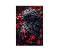 XMHMYHZJ Art moderne Oiseau Décoration murale Fleurs rouges et plumes grises majestueuses Mélange Art mural Décoration murale moderne à suspendre Poster 50 x 75 cm