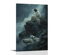 XMHMYHZJ Atop A Rocky Cliff, Jesus Watches Over A Resting Lamb While Two Wolves Crawl Up from The Fog Below. Décoration murale moderne à suspendre 30 x 45 cm