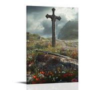 XMHMYHZJ Décoration murale moderne à suspendre avec inscription « A Broken Sword Rests at the Foot of A Stone Cross While Wildflowers Reclaim The Battlefield in Gentle Waves » (20 x 30 cm)
