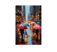 XMHMYHZJ Décoration murale moderne à suspendre avec inscription « A Rainy Afternoon Downtown An Oil Rendering of Umbrella And Reflective Streets » (60 x 90 cm)