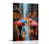 XMHMYHZJ Décoration murale moderne à suspendre avec inscription « A Rainy Afternoon Downtown An Oil Rendering of Umbrella And Reflective Streets » (60 x 90 cm)