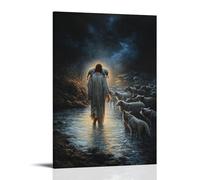 XMHMYHZJ Décoration murale moderne à suspendre avec inscription « Jesus Lifts The Lamb Onto His Shoulders And Steps Into A Glowing River As Wolves Gather on The Shore» 30 x 45 cm