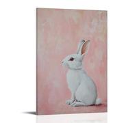 XMHMYHZJ Décoration murale moderne à suspendre avec un lapin blanc assis debout sur un fond rose doux, oreilles étendues comme si écoutant le son du silence (30 x 45 cm)