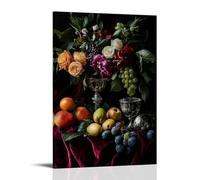 XMHMYHZJ Décoration murale moderne à suspendre avec une nature morte avec des fruits mûrs, des fleurs et un gobelet argenté sur un tissu de velours 50 x 75 cm