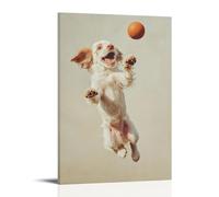 XMHMYHZJ Décoration murale moderne à suspendre représentant un chiot spirituel sautant pour une balle invisible, capturé dans l'air contre un ciel jaune pastel délavé, 50 x 75 cm