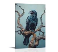 XMHMYHZJ Décoration murale moderne à suspendre représentant un corbeau sage perché sur une branche torsadée, des plumes et de la rosée sous un ciel bleu-gris (50 x 75 cm)
