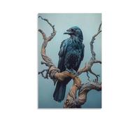 XMHMYHZJ Décoration murale moderne à suspendre représentant un corbeau sage perché sur une branche torsadée, des plumes et de la rosée sous un ciel bleu-gris (50 x 75 cm)