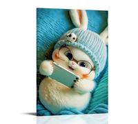 XMHMYHZJ Figurine d'animal avec lunettes sur téléphone portable blanc en bleu tricoté art mural décoration moderne affiche d'art à suspendre 40 x 60 cm