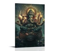 XMHMYHZJ Ganesha Sits Atop A Lotus Pedestal, His Many Hands Weaving Light Into Patterns That Ripple Through The Sky. Décoration murale moderne à suspendre, 20 x 30 cm
