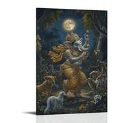 XMHMYHZJ In A Forest Clearing Lit au clair de lune, Ganesh Dances Joyfully As Animals Gather Around Drawn by Sacred Music. Décoration murale moderne à suspendre 60 x 90 cm
