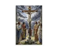 XMHMYHZJ La Crucifixion de Jésus, style gothique, ciel sombre, foule émotionnelle, anatomie détaillée, art mural médiéval décoration murale moderne à suspendre (50 x 75 cm)