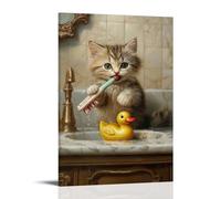 XMHMYHZJ Peinture à l'huile animale d'un chat ludique utilisant une brosse à dents géante pour frotter un canard en caoutchouc dans un évier en marbre. Décoration murale moderne à suspendre 40 x 60 cm