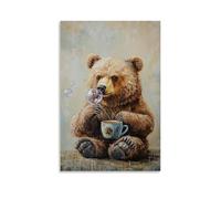 XMHMYHZJ Peinture à l'huile animale d'un ours soufflant des bulles à travers une paille dans une tasse à café à moitié finie. Décoration murale moderne à suspendre, 60 x 90 cm
