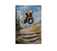 XMHMYHZJ Peinture à l'huile animale - Un ours faisant un pneu se retournant dans un parcours d'obstacles sur un chemin de montagne Décoration murale moderne à suspendre 60 x 90 cm