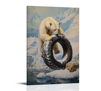 XMHMYHZJ Peinture à l'huile animale - Un ours polaire retournant un pneu de neige sur un terrain glacé dans un événement fort - Décoration murale moderne à suspendre - 20 x 30 cm