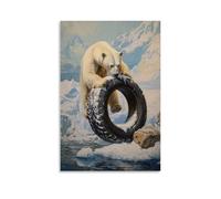XMHMYHZJ Peinture à l'huile animale - Un ours polaire retournant un pneu de neige sur un terrain glacé dans un événement fort - Décoration murale moderne à suspendre - 40 x 60 cm