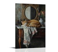XMHMYHZJ Peinture à l'huile animalière d'un chat drapé élégamment à travers une vanité, surveillant son reflet avec la royauté endormie. Décoration murale moderne à suspendre, 20 x 30 cm