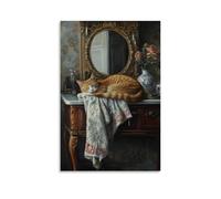 XMHMYHZJ Peinture à l'huile animalière d'un chat drapé élégamment à travers une vanité, surveillant son reflet avec la royauté endormie. Décoration murale moderne à suspendre, 50 x 75 cm