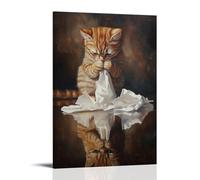XMHMYHZJ Peinture à l'huile animalière d'un chat emmêlant sa queue dans des serviettes en papier tout en vérifiant son reflet de façon spectaculaire. Décoration murale moderne à suspendre 60 x 90 cm