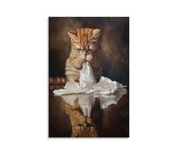 XMHMYHZJ Peinture à l'huile animalière d'un chat emmêlant sa queue dans des serviettes en papier tout en vérifiant son reflet de façon spectaculaire. Décoration murale moderne à suspendre 60 x 90 cm