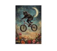 XMHMYHZJ Peinture à l'huile d'animal - Un chat BMX faisant du vélo sur des champs de fleurs sous un croissant de lune - Décoration murale moderne à suspendre - 60 x 90 cm