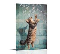 XMHMYHZJ Peinture à l'huile d'un chat chassant des bulles flottantes vers le haut et vers le bas - Décoration murale moderne à suspendre - 60 x 90 cm
